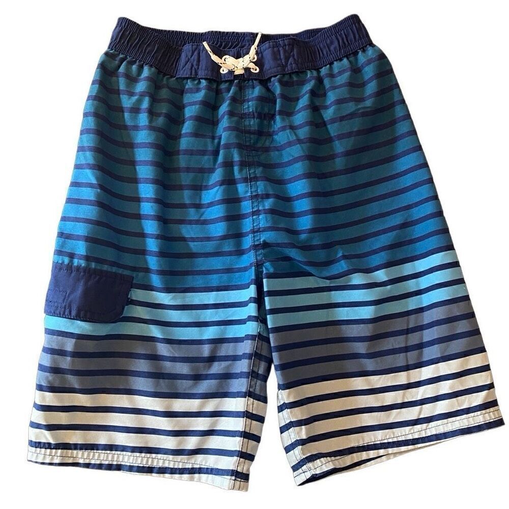 DIP boys size large (12/14) blue striped swim trunks